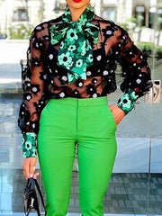 Floral Printed Jacquard See-Through Solid Color Loose Puff Sleeves High Neck Blouses
