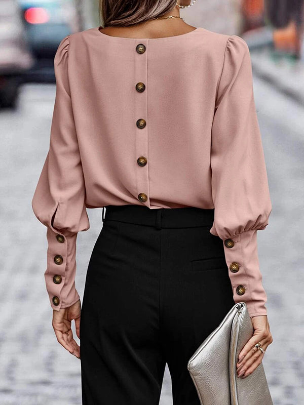 Buttoned Pleated Solid Color Long Sleeves Loose Round-Neck Blouses&Shirts Tops