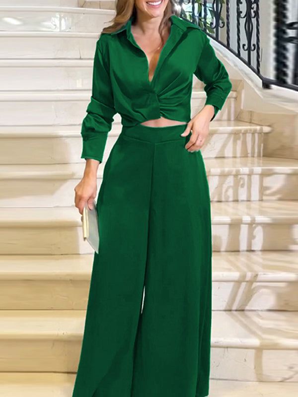 Elasticity Pleated Long Sleeves Loose Buttoned Solid Color Lapel Shirts Top + Pants Bottom Two Pieces Set