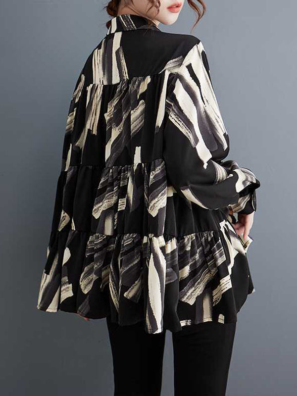 Pleated Printed Split-Joint Long Sleeves Loose Lapel Blouses