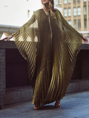 Batwing Sleeves Loose Pleated Solid Color Round-Neck Maxi Dresses