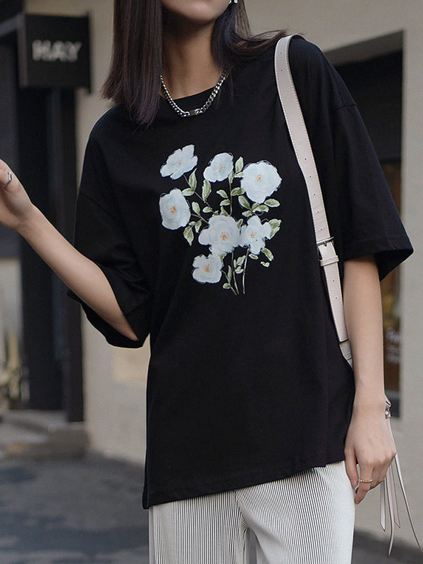 Casual Loose Round-Neck Floral Printed T-Shirt