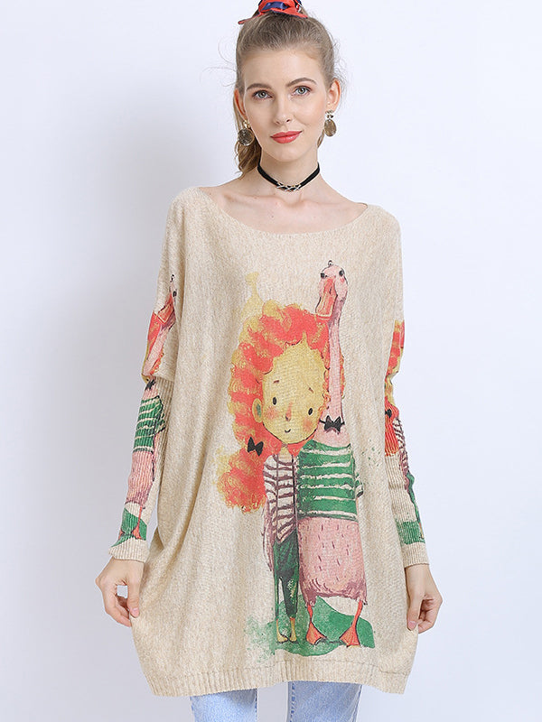 Urban Loose Batwing Sleeves Cartoon Printed Pullover