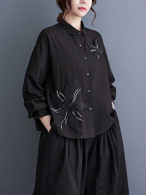 Applique Buttoned Embroidered Long Sleeves Loose Lapel Blouses&Shirts Tops