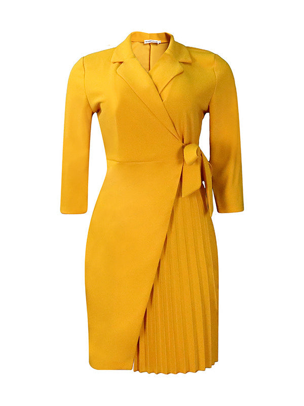 Pleated Solid Color Split-Front Tied Waist Three-Quarter Sleeves V-Neck Mini Dresses