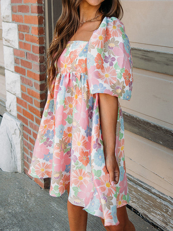 Elasticity Flower Print Pleated Split-Joint Zipper A-Line High Waisted Square-Neck Mini Dresses