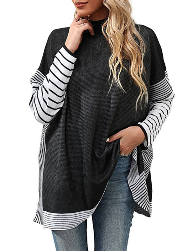 Contrast Color Striped Long Sleeves Loose Mock Neck Sweater Tops Pullovers
