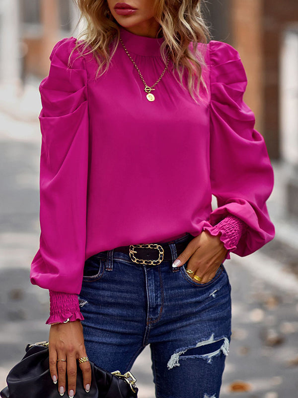 Pleated Solid Color Bishop Sleeve Long Sleeves Mock Neck Blouses&Shirts Tops