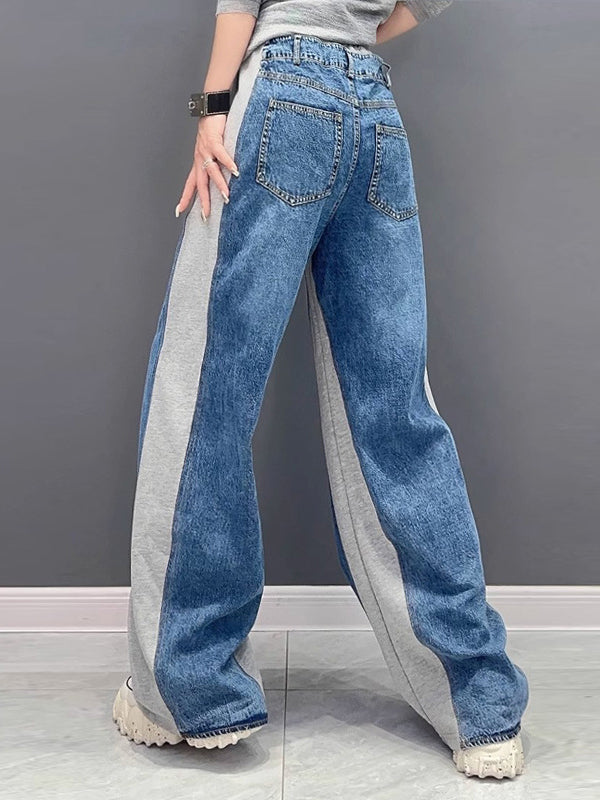 Buttoned Contrast Color Drawstring Elasticity Split-Joint Loose Straight Leg Trousers Pants
