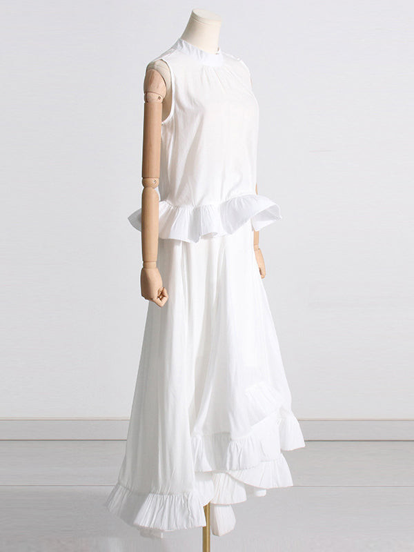 Pleated Ruffled Solid Color High Waisted High-Low Mock Neck Two Pieces Set