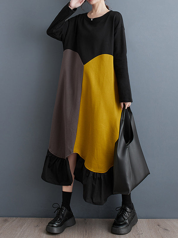Contrast Color Pleated Split-front Split-Joint A-line Long Sleeves Round-neck Midi Dresses