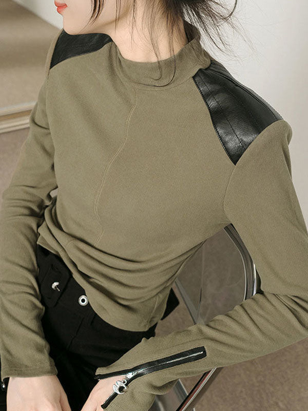 Split-Joint Zipper Long Sleeves Skinny High Neck T-Shirts