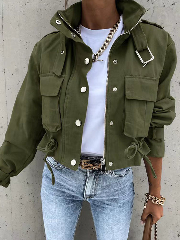 Buttoned Drawstring Pockets Solid Color Split-Joint Zipper Long Sleeves Loose Stand Collar Outerwear Jackets
