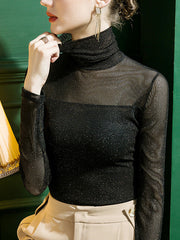 See-Through Sequined Solid Color Split-Joint Long Sleeves Plus Size High Neck T-Shirts Tops