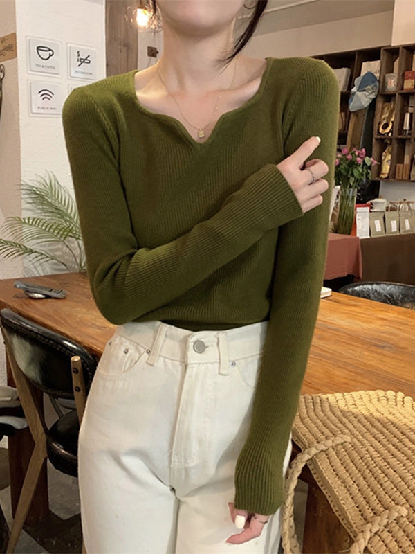 Colorful Solid Color Long Sleeves Skinny V-neck Sweater Tops Pullovers Knitwear