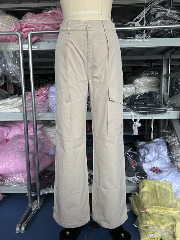 Buttoned Pockets Solid Color Split-Joint Loose Wide Leg Trousers Pants