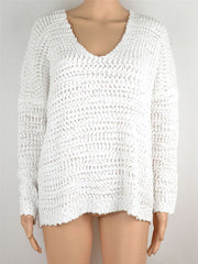 Hollow Solid Color Long Sleeves Loose Round-Neck Sweater Tops Pullovers Knitwear