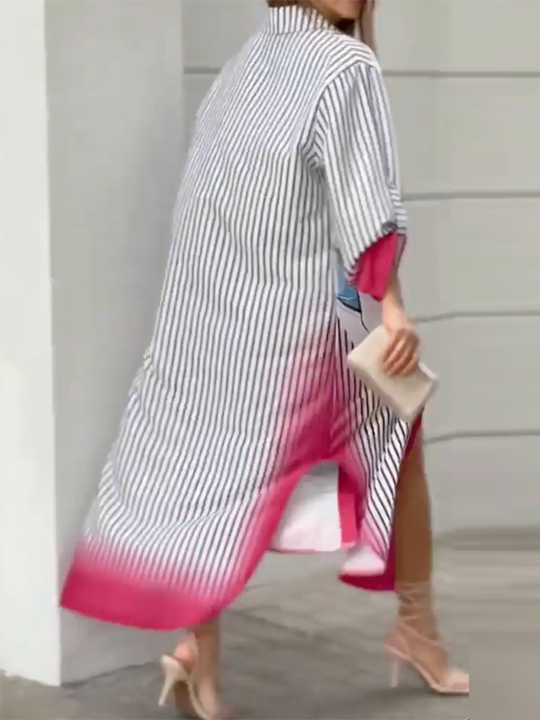 Long Sleeves Loose Asymmetric Printed Striped Lapel Collar Midi Dresses