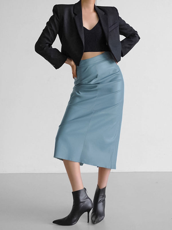 Solid Color Split-Back Split-Joint Skinny PU Skirts