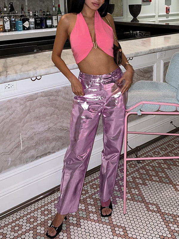 Buttoned Pockets Shiny Solid Color High Waisted Trousers Pants