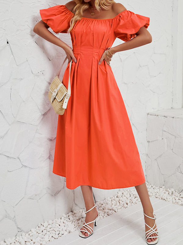 Elasticity Pleated Solid Color Split-Joint Loose Puff Sleeves Off-The-Shoulder Midi Dresses