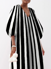 Striped Puff Sleeves Three-Quarter Sleeves V-Neck Maxi Dresses