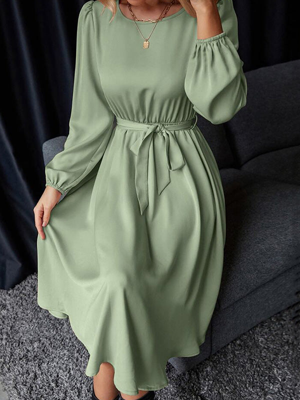 Elasticity Pleated Solid Color Split-Joint Tied Waist Loose Puff Sleeves Round-neck Midi Dresses
