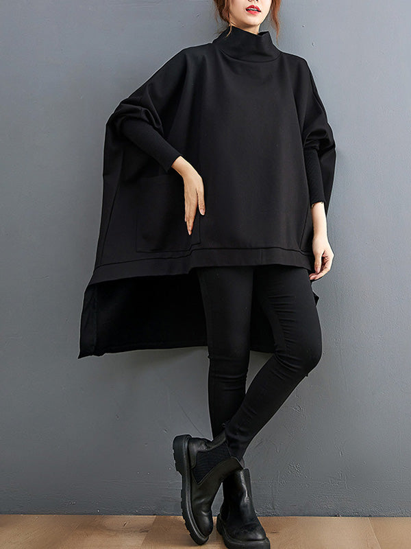 Urban Solid Color High-Neck High-Low Sweatshirt Top
