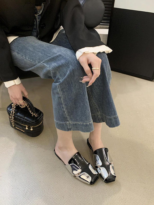 Contrast Color Hollow Split-Joint Square-Toe Slippers&Mules Sandals