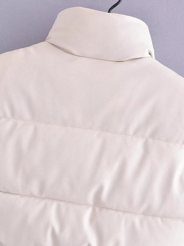Drawstring Elasticity Solid Color Split-Joint Zipper Skinny Sleeveless Stand Collar Padded Vest