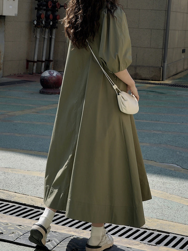 Solid Color Loose Puff Sleeves Round-Neck Midi Dresses