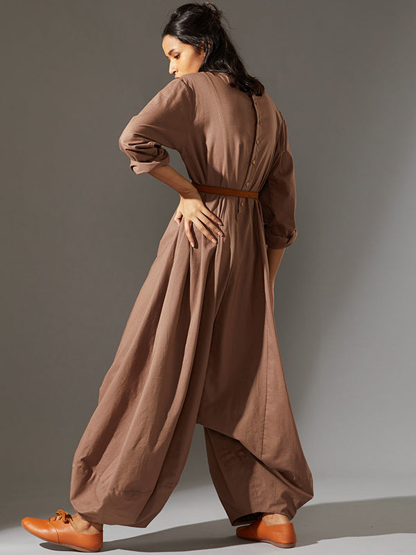 Casual Loose Long Sleeves Solid Color Boat Neck Jumpsuits