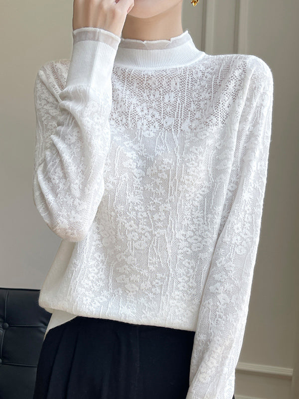Crochet Solid Color Long Sleeves Loose Mock Neck T-Shirts Tops