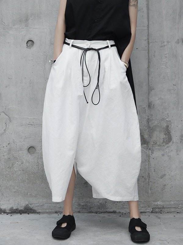 Loose White Linen Split-Side Harem Pants