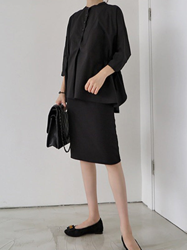 Simple Loose Round-Neck White Black Blouse