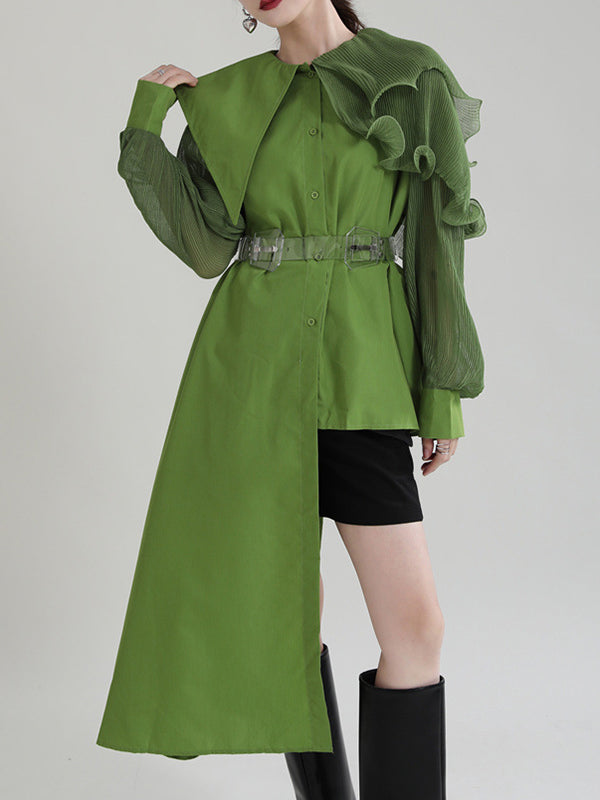 Asymmetric Pleated Solid Color Split-Joint Falbala Long Sleeves Loose Lapel Blouses&shirts Tops