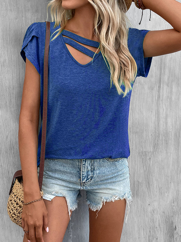 Solid Color Loose Short Sleeves V-neck T-Shirts Tops
