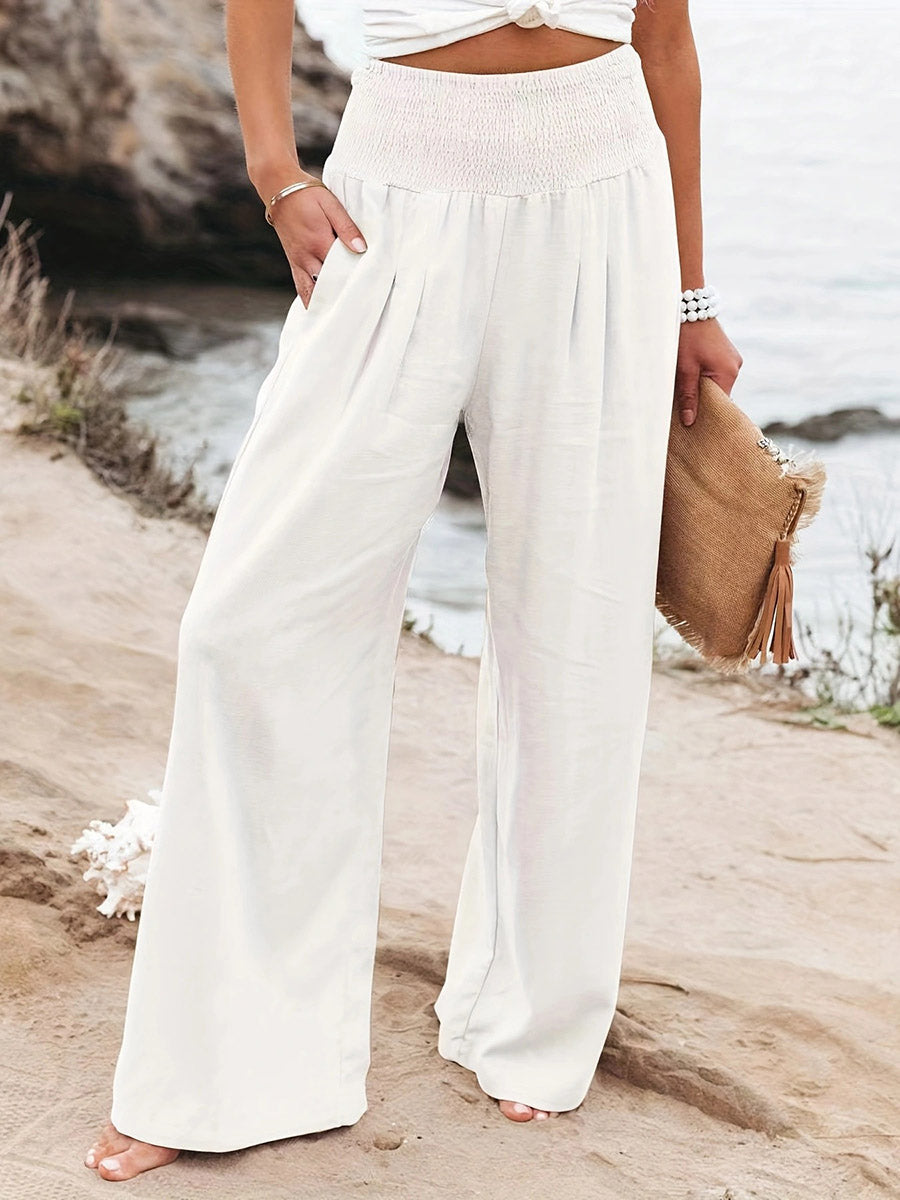 Pleated Pockets Solid Color Split-Joint Elasticated Waist High Waisted Pants