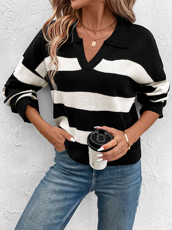 Contrast Color Split-Joint Striped Long Sleeves Loose Lapel Sweater Tops Pullovers