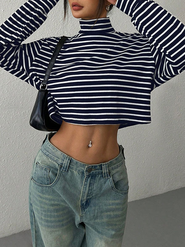 Contrast Color Split-Joint Striped Long Sleeves Loose High Neck T-Shirts Tops