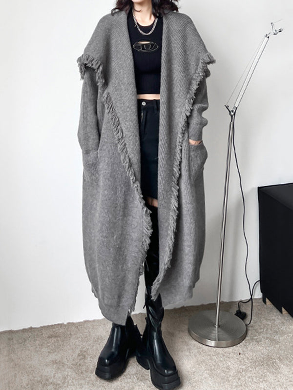 Fringed Pockets Solid Color Long Sleeves Loose V-Neck Cardigan Coats