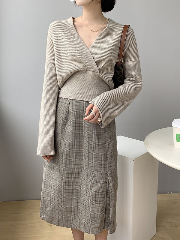 Asymmetric Solid Color Long Sleeves V-Neck Sweater Pullovers Knitwear