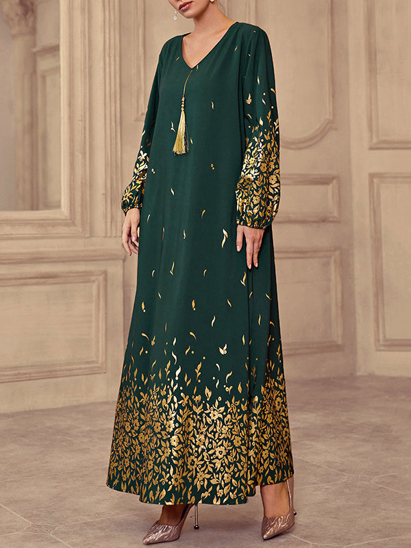 Bronzing Tasseled Tied Waist Bishop Sleeve Long Sleeves V-Neck Maxi Dresses