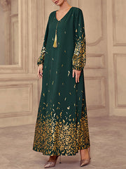 Bronzing Tasseled Tied Waist Bishop Sleeve Long Sleeves V-Neck Maxi Dresses