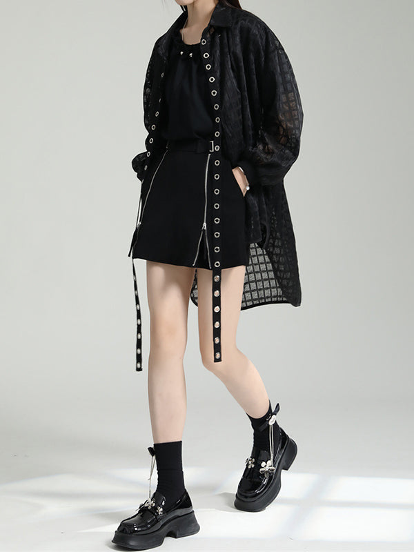 Gauze See-Through High-low Long Sleeves Round-neck Blouses&shirts Tops