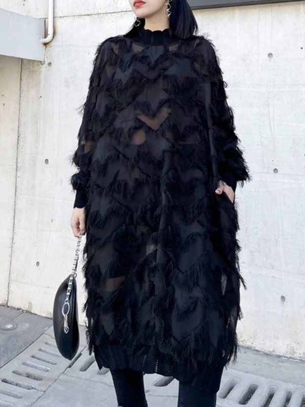 Asymmetric Mesh Pockets See-Through Solid Color Split-Joint Tasseled Irregularity Long Sleeves Stand Collar Midi Dresses