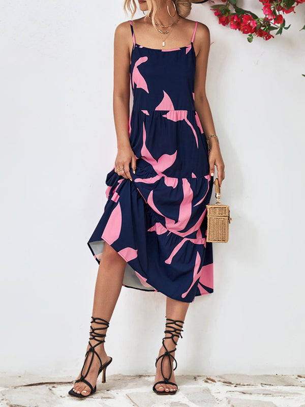 Contrast Color Floral Printed Loose Sleeveless Spaghetti-Neck Midi Dresses