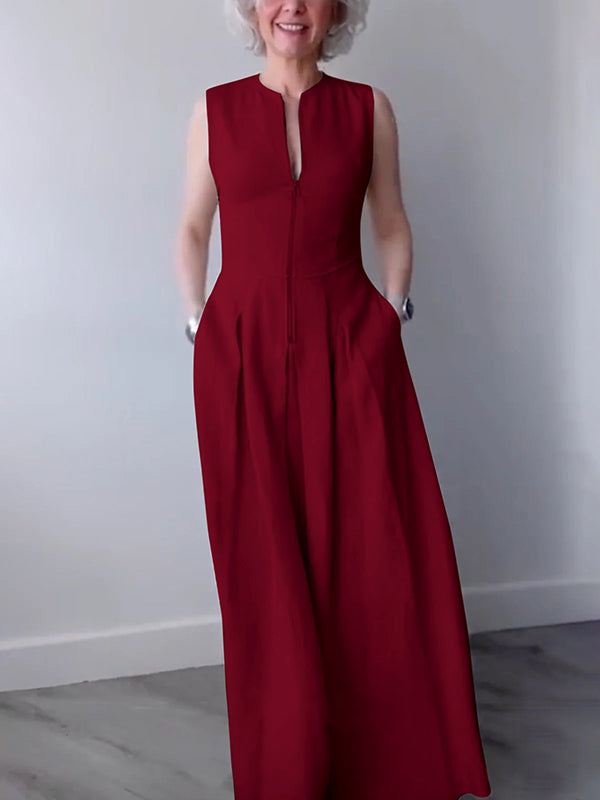 Pleated Pockets Split-Joint Zipper A-Line Loose Round-Neck Maxi Dresses