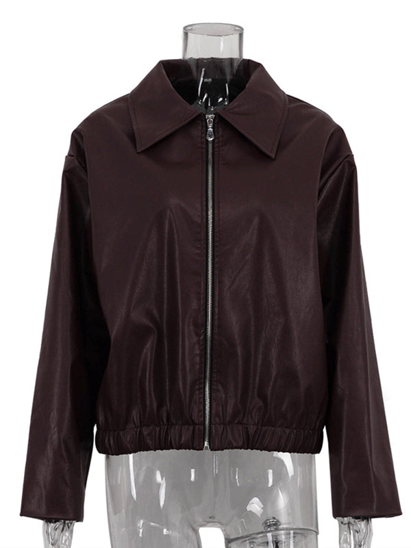 Elasticity Solid Color Zipper Long Sleeves Loose Lapel Outerwear Jackets