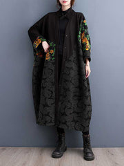 Buttoned Drawstring Flower Print Split-Joint Long Sleeves Loose Collarless Trench Coats